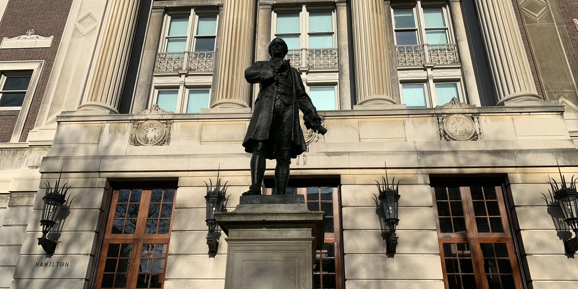 Hamilton statue in front of Hamilton Hall on campus