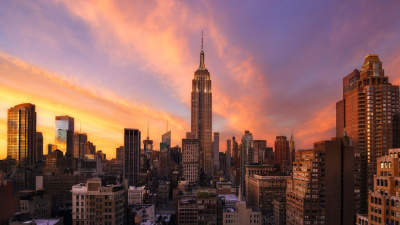 New York City skyline at sunset.