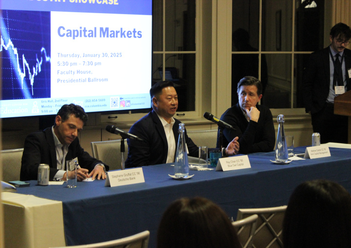 Alumni Stephane Gruffat, Ray Chen, and Mathew Cestar sit on the panel of the Capital Markets Industry Showcase while Palmer Pyles moderates