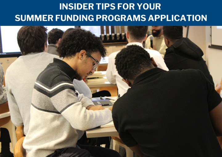 Students write at a table, text reads "Insider Tips for Your Summer Funding Programs Application"